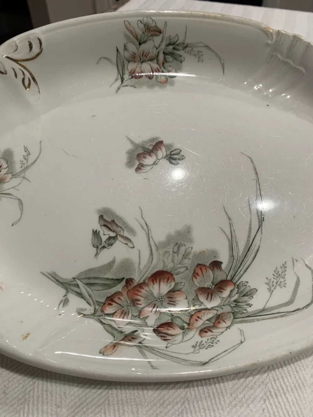 Antique Ironstone Transferware Platter, Soft Peach and Sage floral